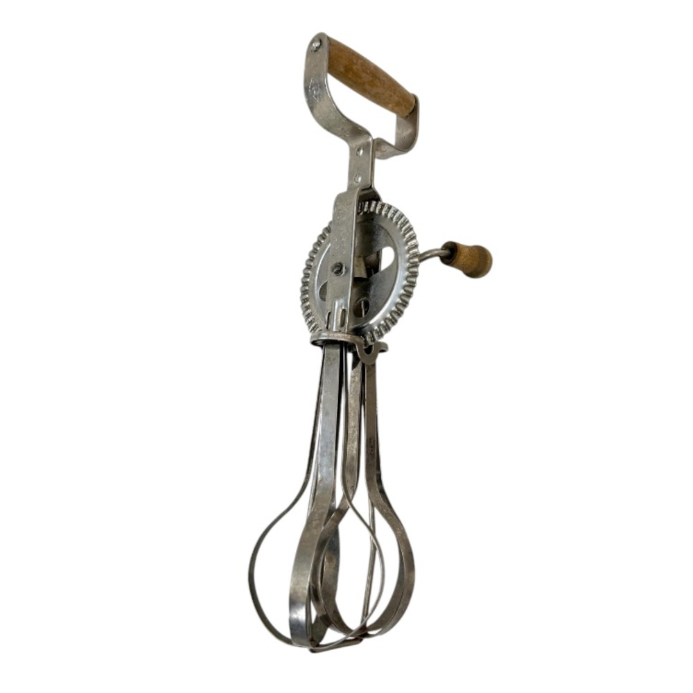 Vintage Handheld Egg Beater with Wooden Handle